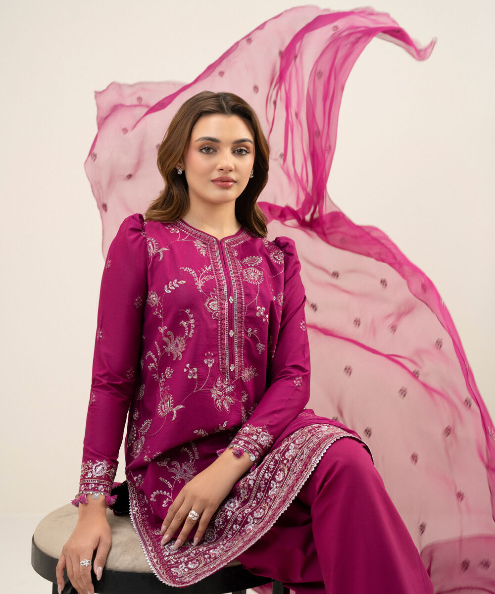 Women's Unstitched Textured Lawn Pink Embroidered 3 Piece Suit