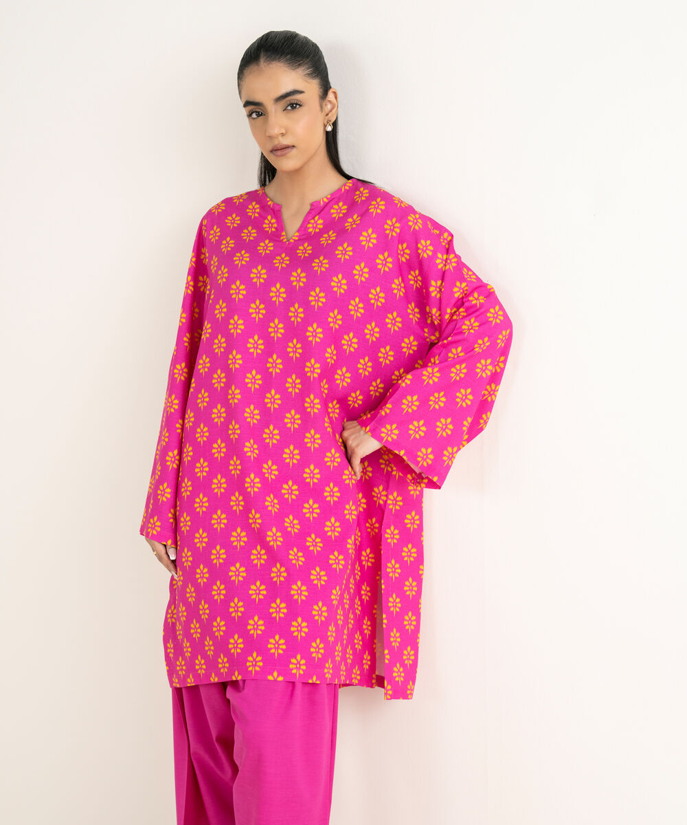 Women's RTW Cotton Viscose Pink Printed Drop Shoulder Shirt