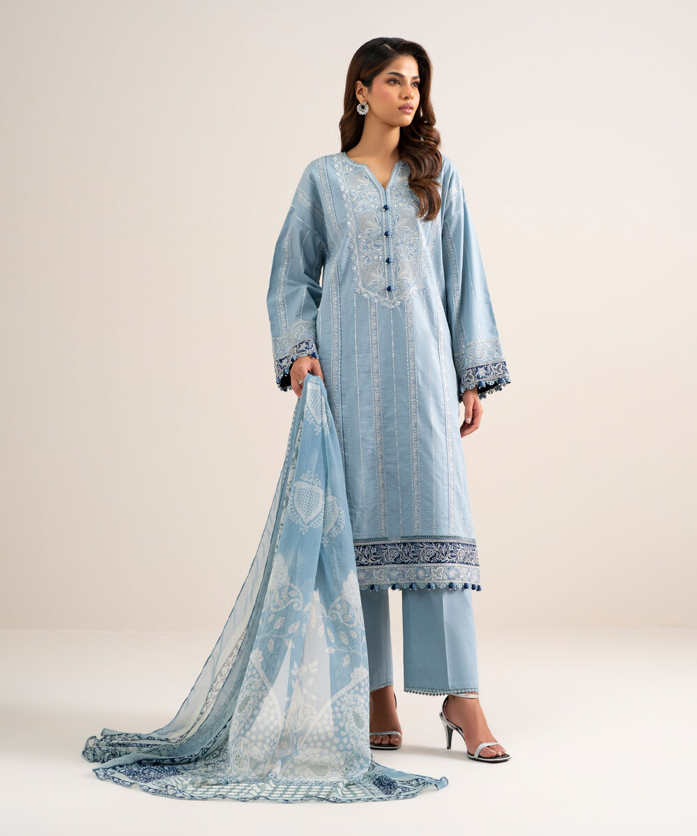 Women's Unstitched Textured Lawn Embroidered Blue  3 Piece Suit
