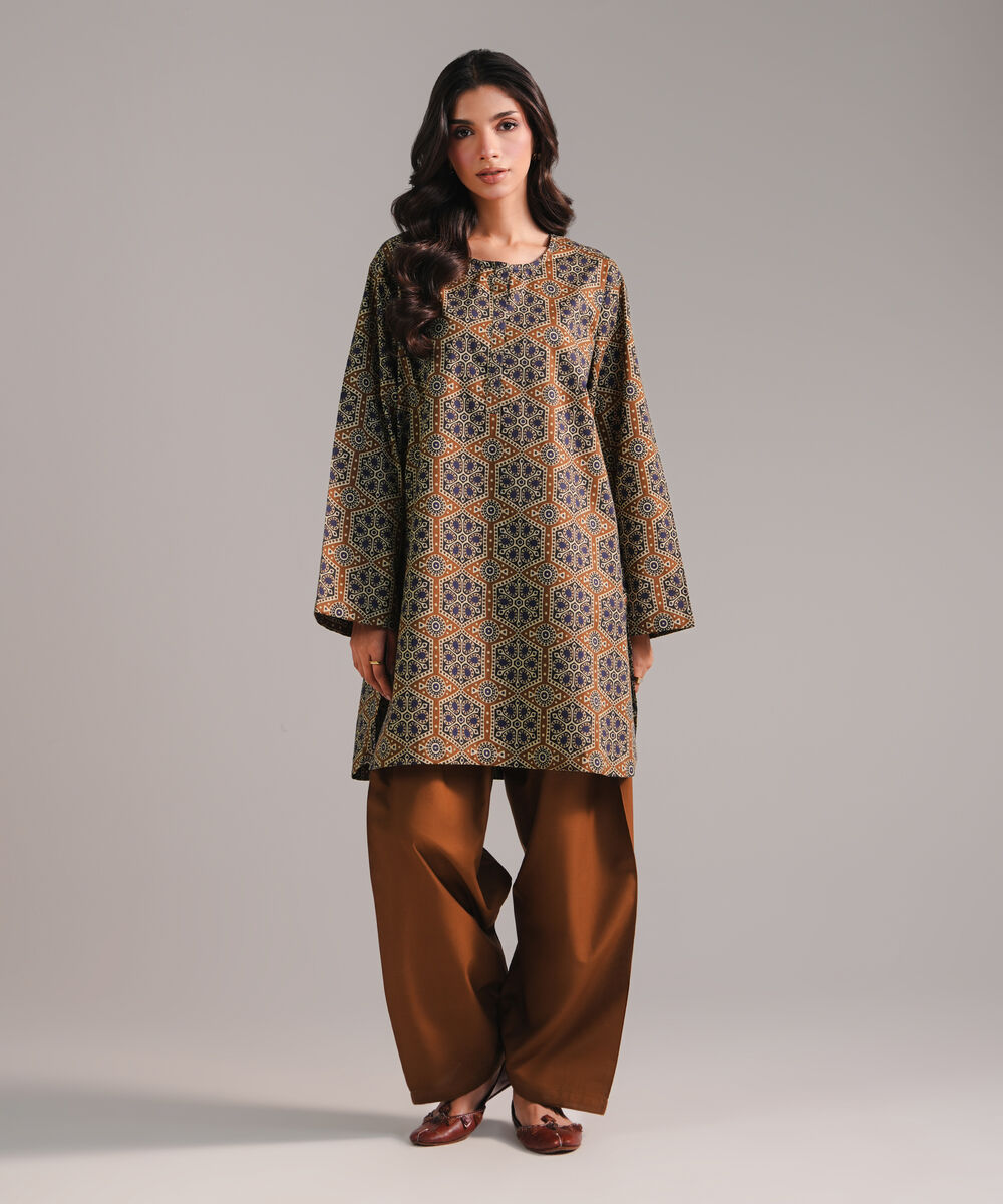 Women's RTW Cambric Printed Brown 2 Piece Suit