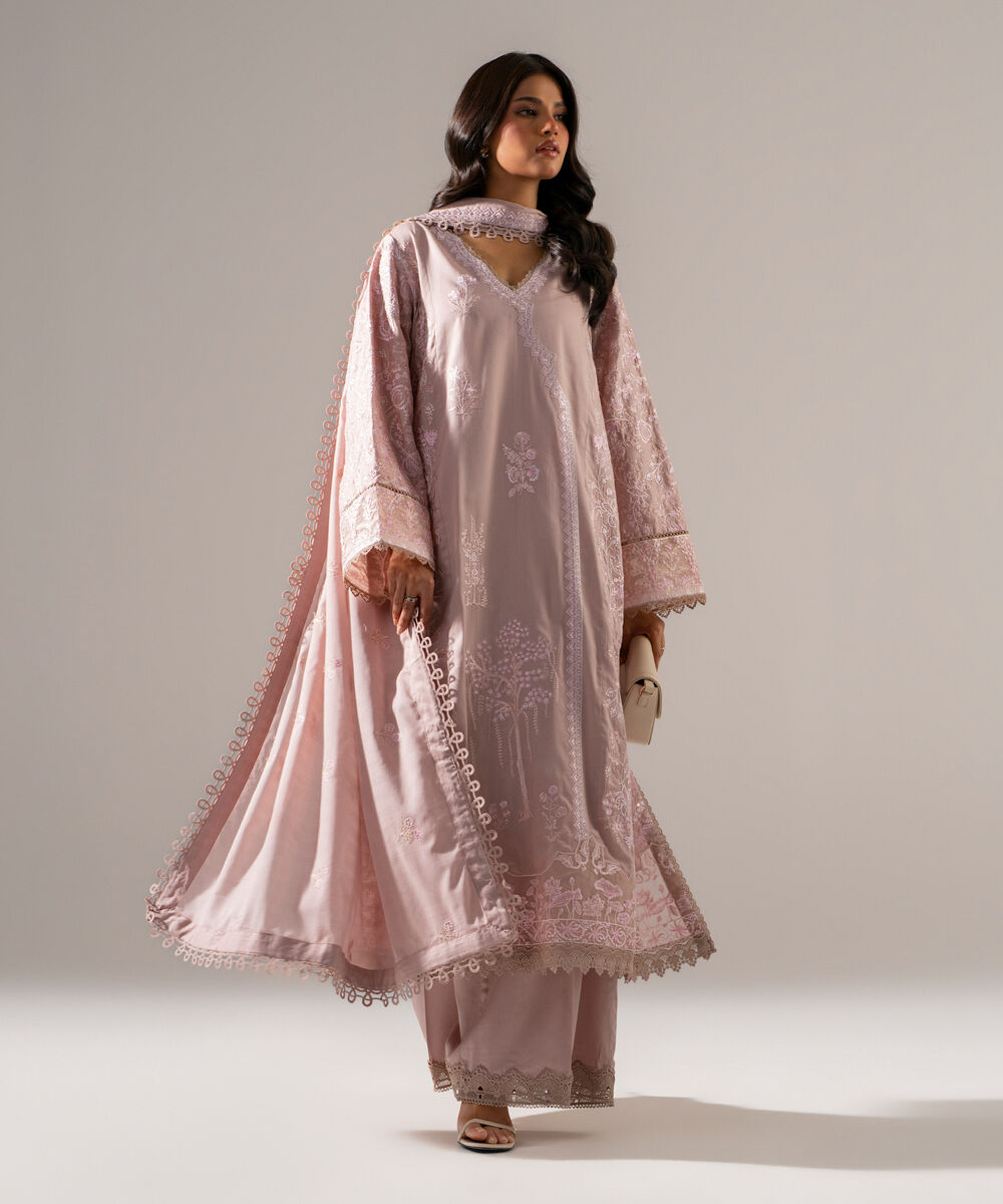 Women's RTW Cotton Satin Solid Embroidered Muted Pink 3 Piece Suit