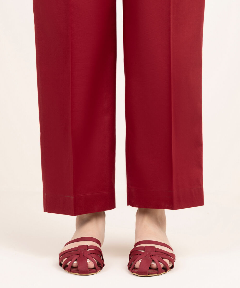 Women's RTW Cambric Red Solid Straight Pants