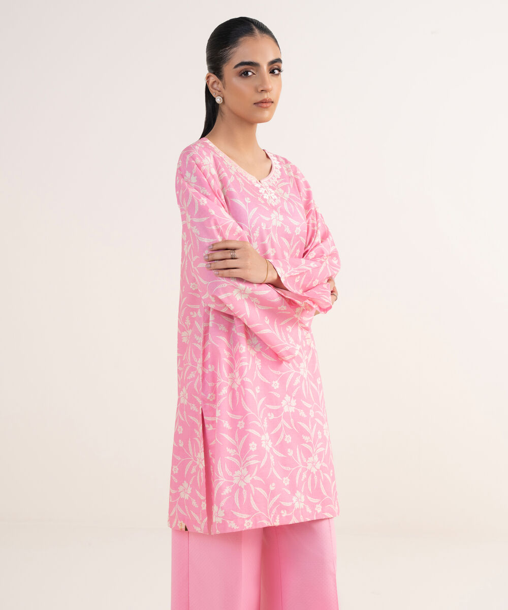Women's RTW Textured Lawn Pink Embroidered Straight Shirt