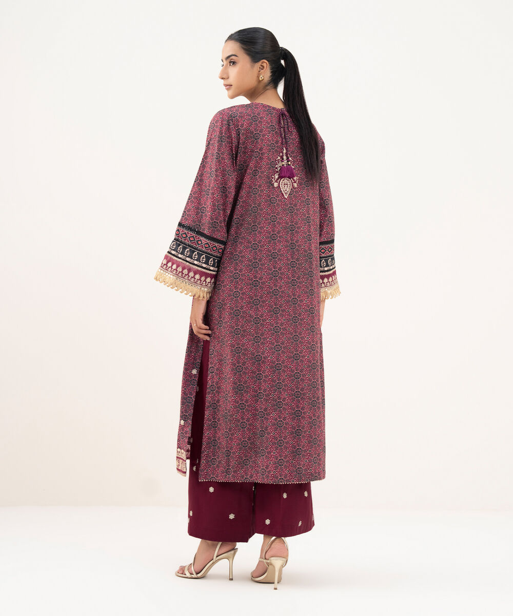 Women's RTW Textured Lawn Maroon Embroidered A-Line Shirt