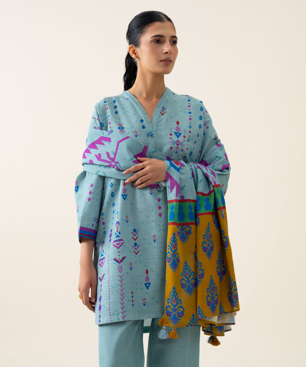 Womens Unstitched Premium Khaddar Printed Light Blue 3 Piece Suit