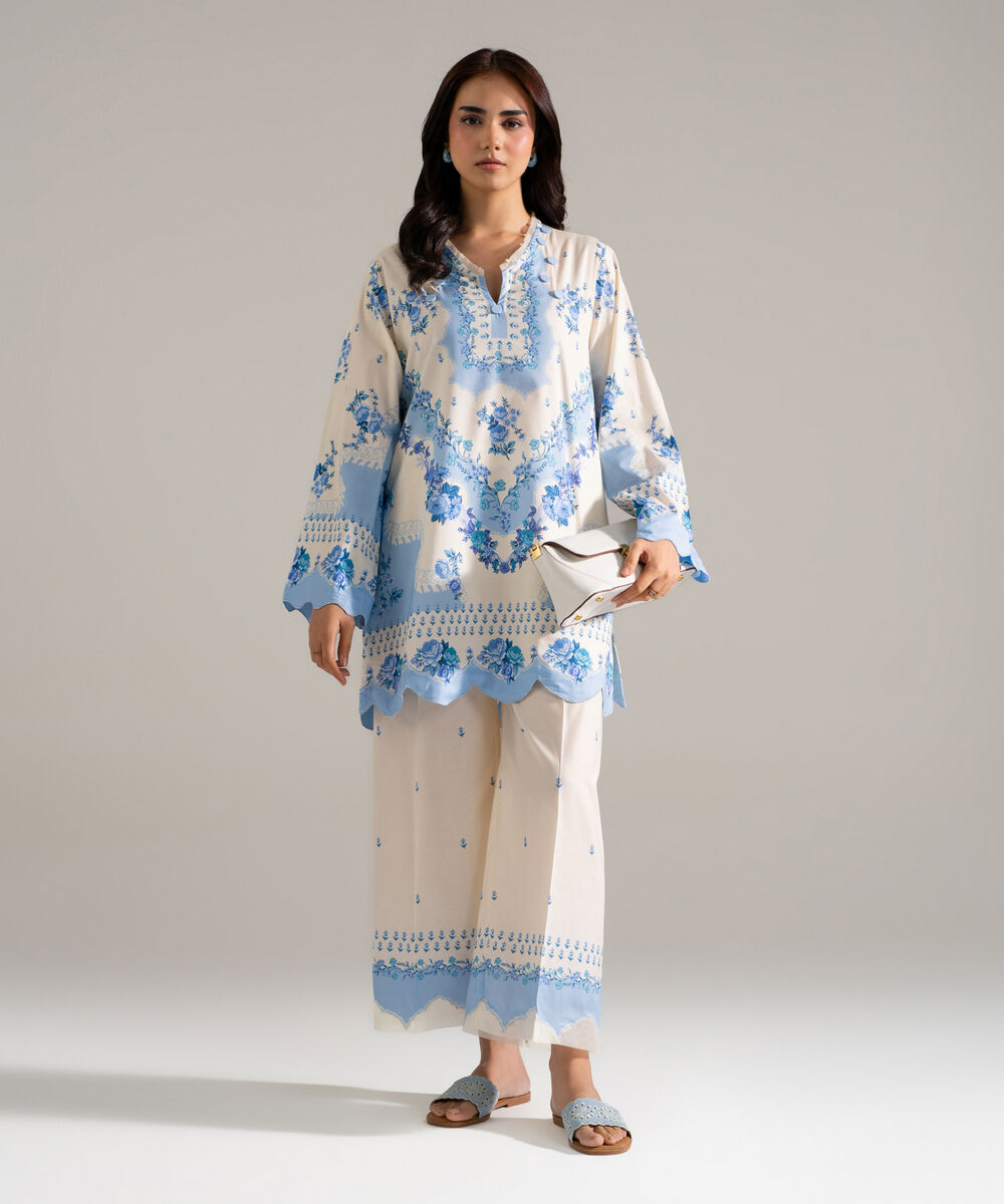 Women's RTW Cotton Viscose Printed White 2 Piece Suit