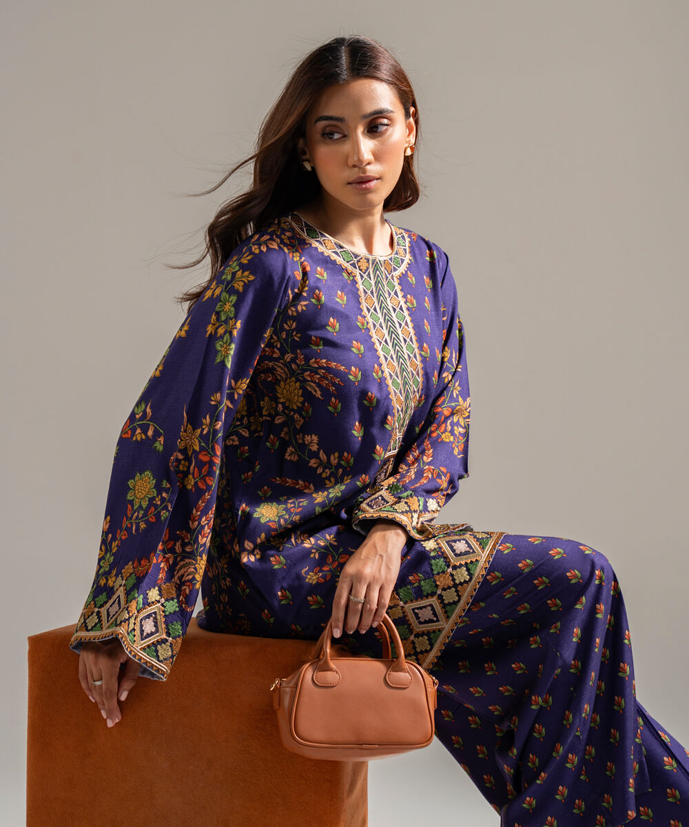 Women's RTW Self Jacquard Embroidered Dark Blue 2 Piece Suit