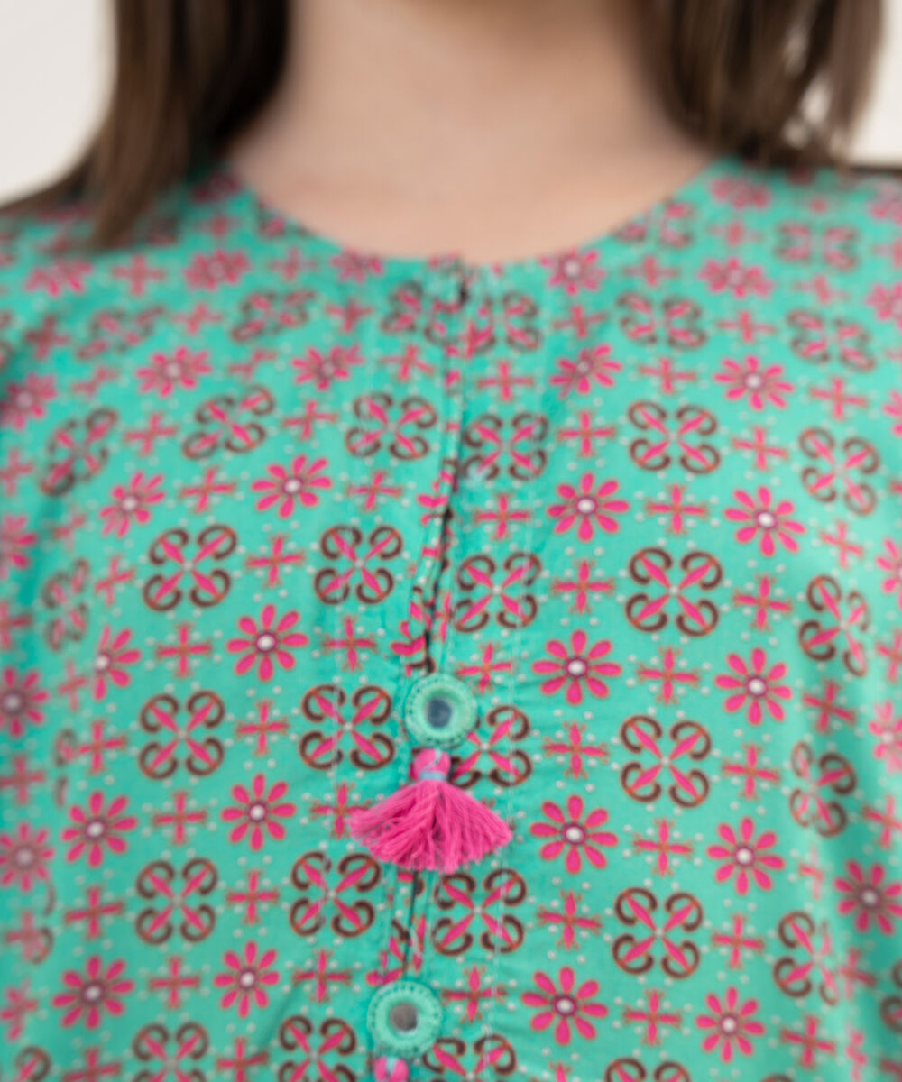 Girl's RTW Arabic Lawn Teal Printed 2 Piece Suit