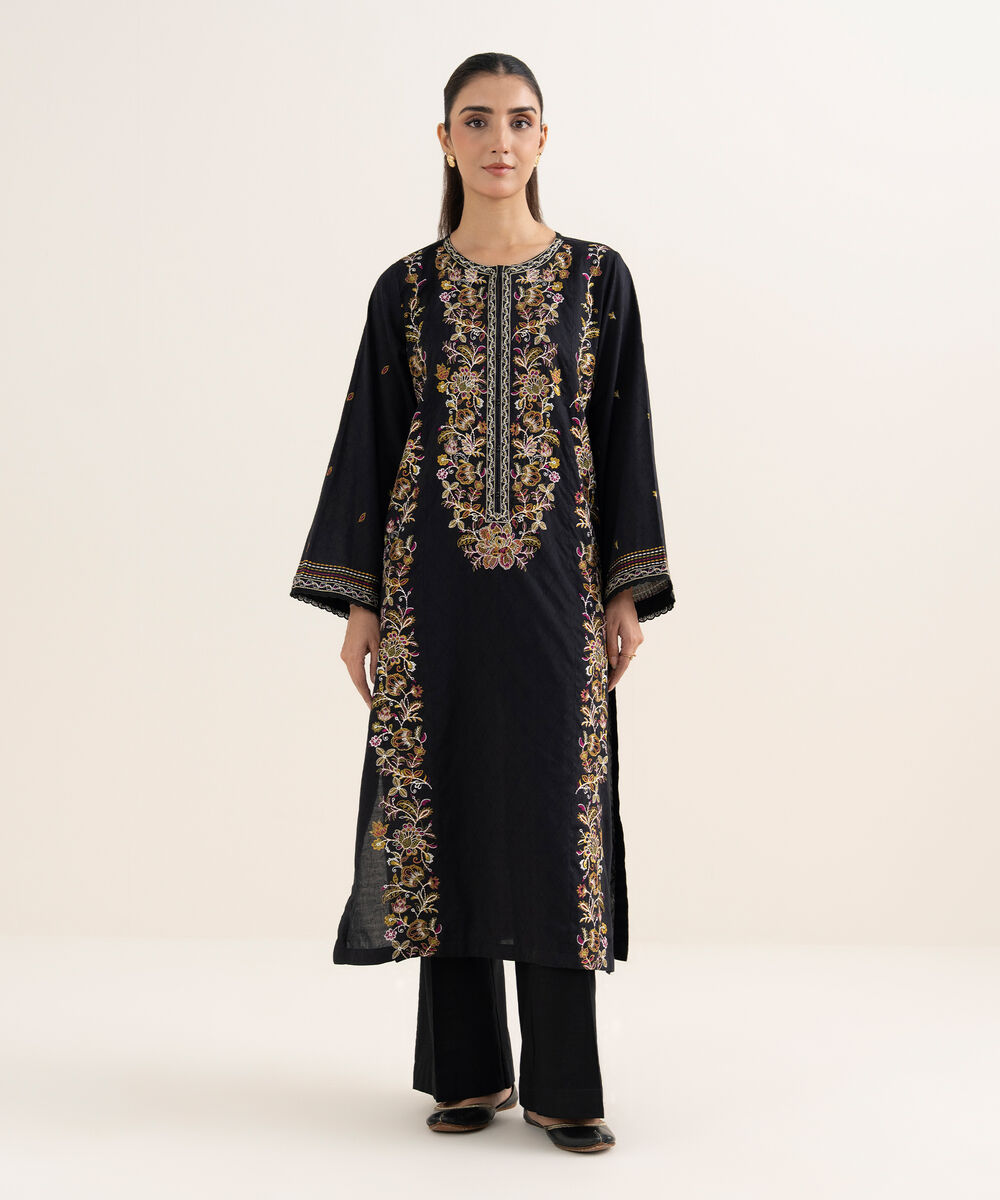 Women's RTW Self Jacquard Leno Embroidered Black A-Line Shirt