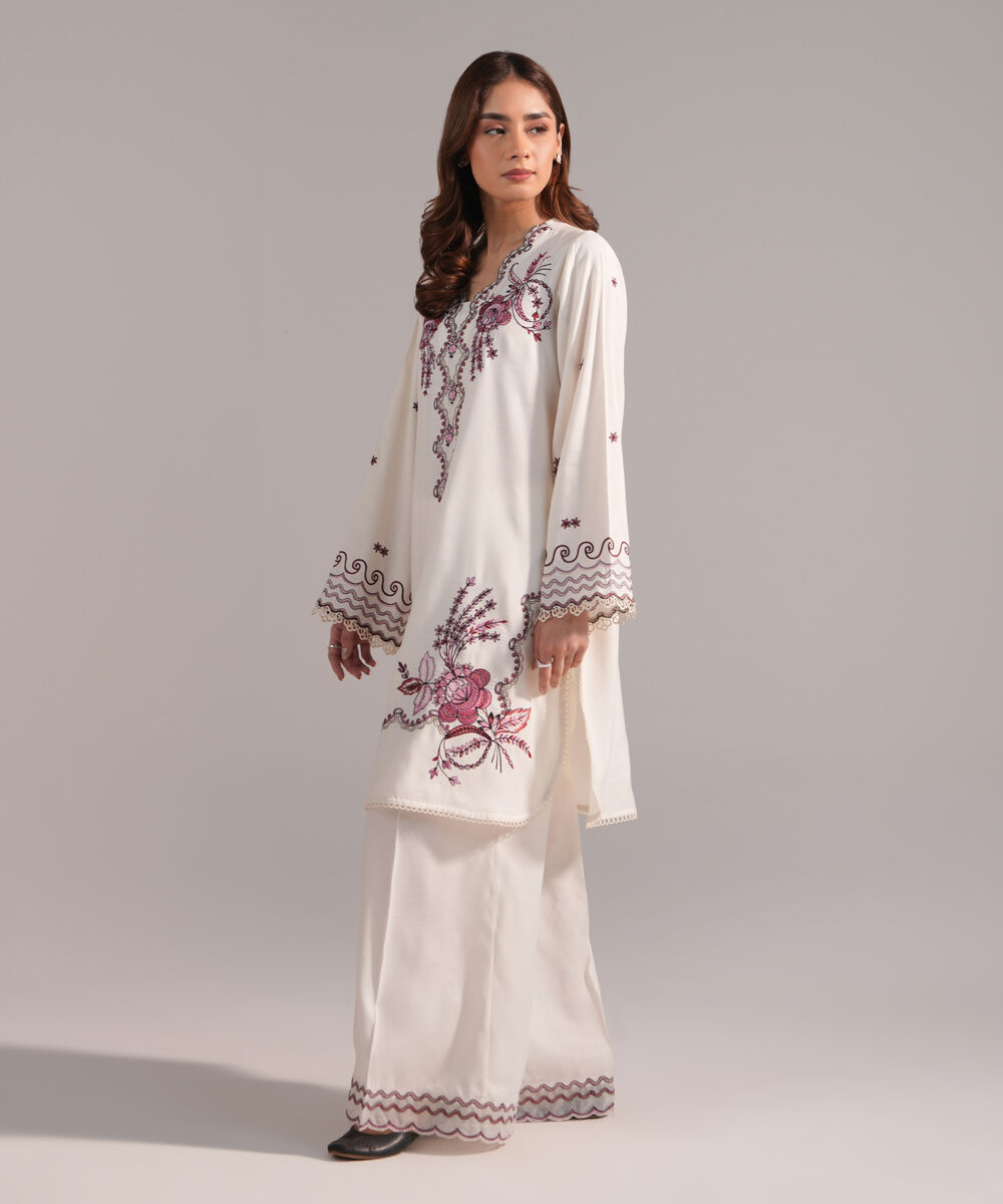 Women's RTW Viscose Raw Silk Embroidered Cream White 2 Piece Suit