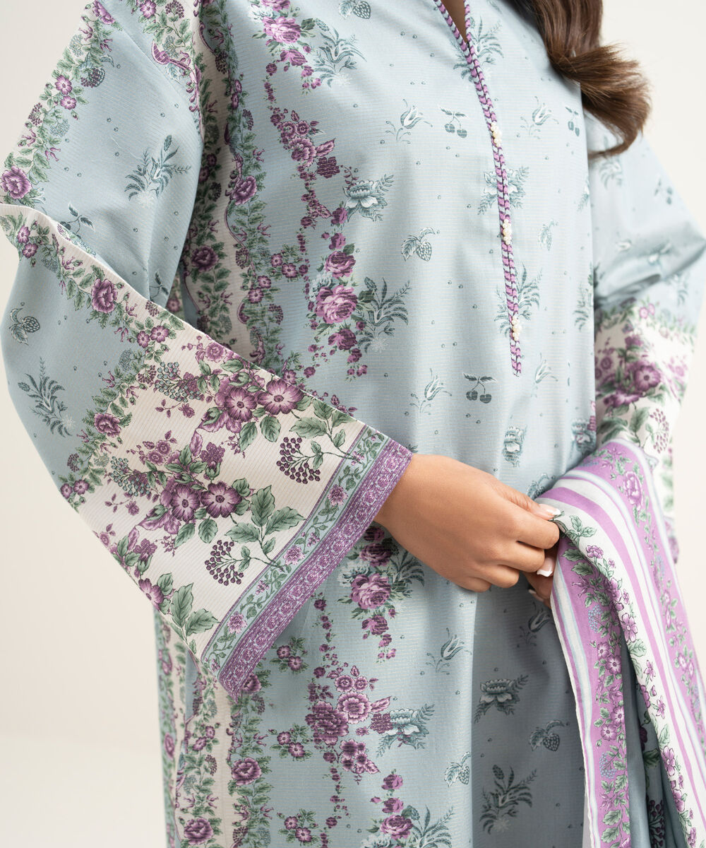 Women's Unstitched Zari Lawn Printed Blue 3 Piece Suit