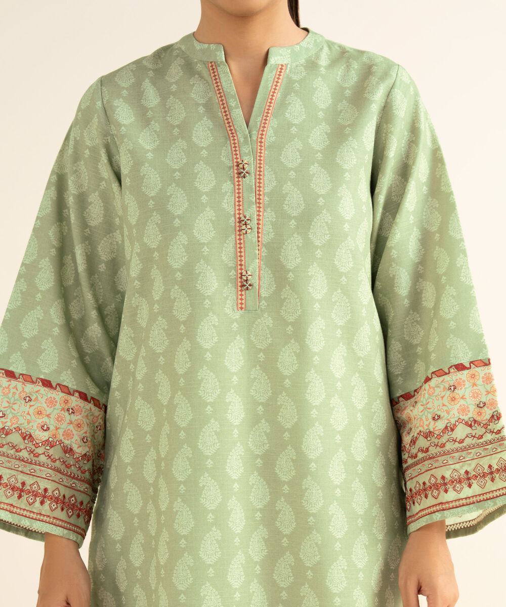 Women's Unstitched Cotton Embroidered Green 2 Piece Suit