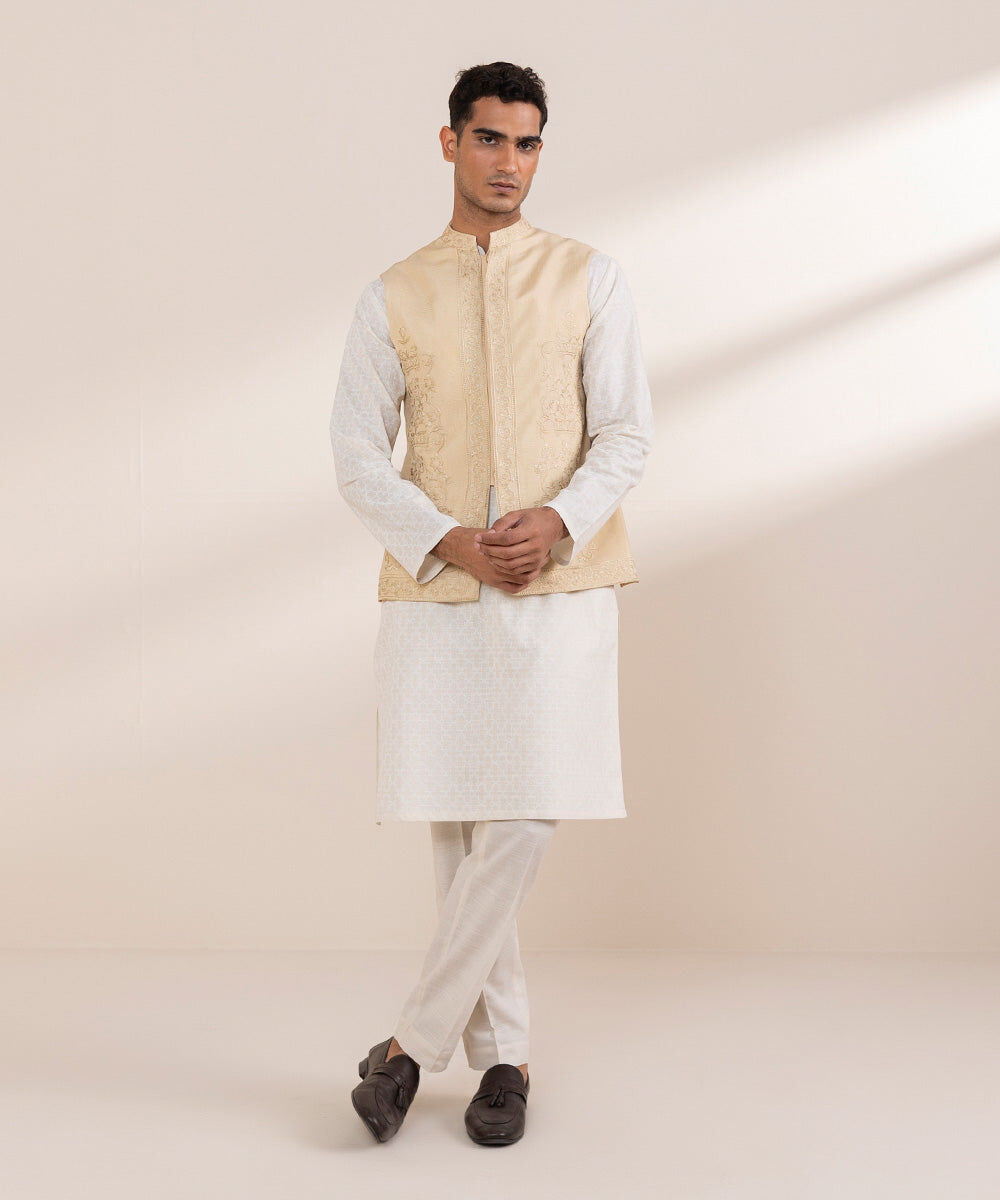 Man - Beige Embroidered Raw Silk Waistcoat