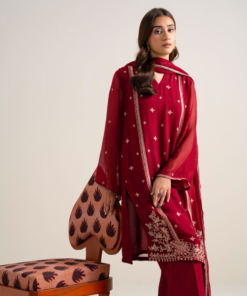 3 Piece - Embroidered Chiffon Suit