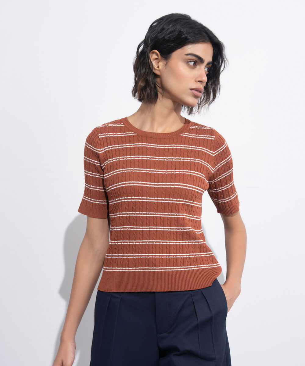 Women's Western Wear Brown Short Sleeve Striped Sweater