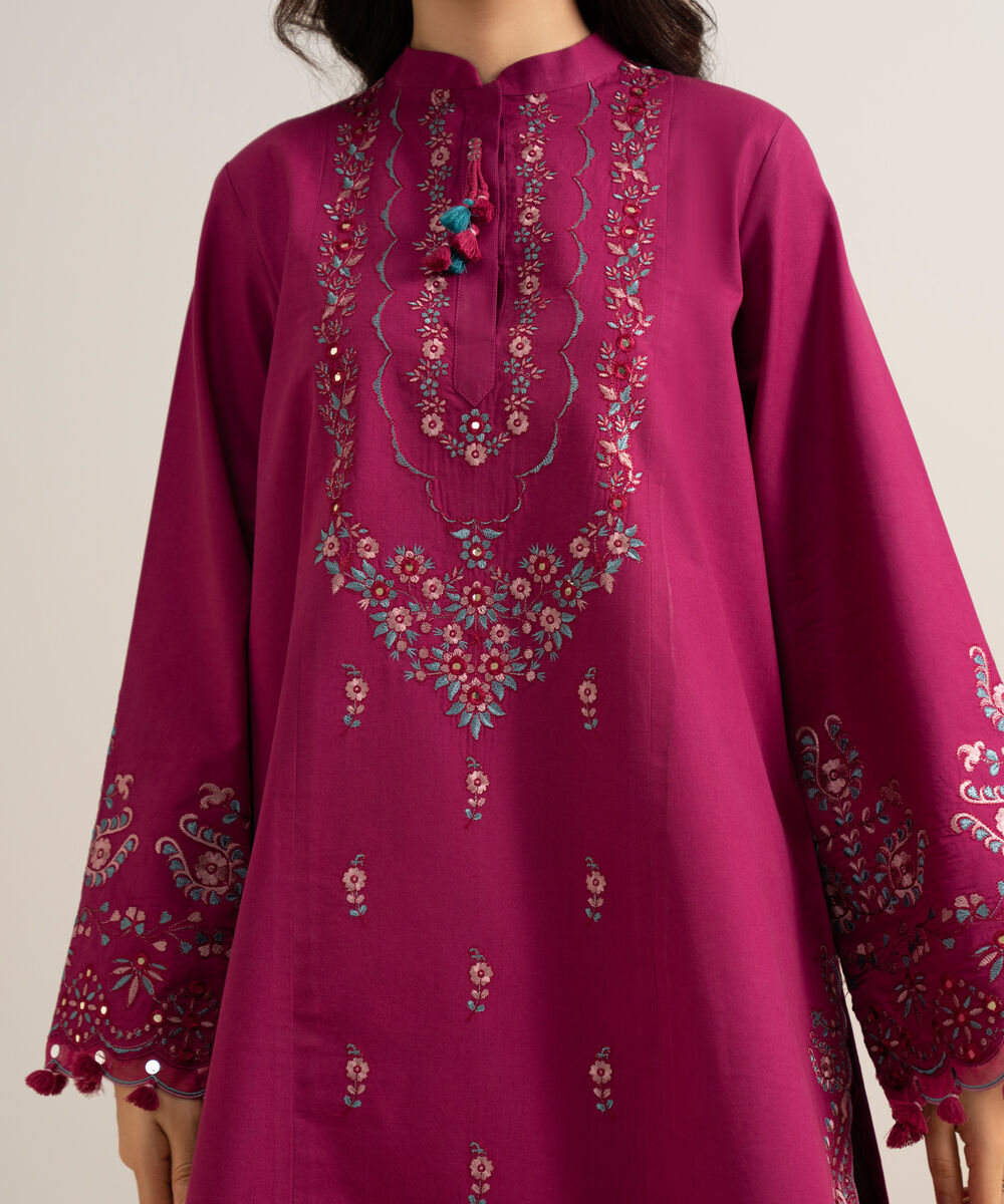 Women's Unstitched Embroidered Cotton Viscose Plum 3 Piece Suit