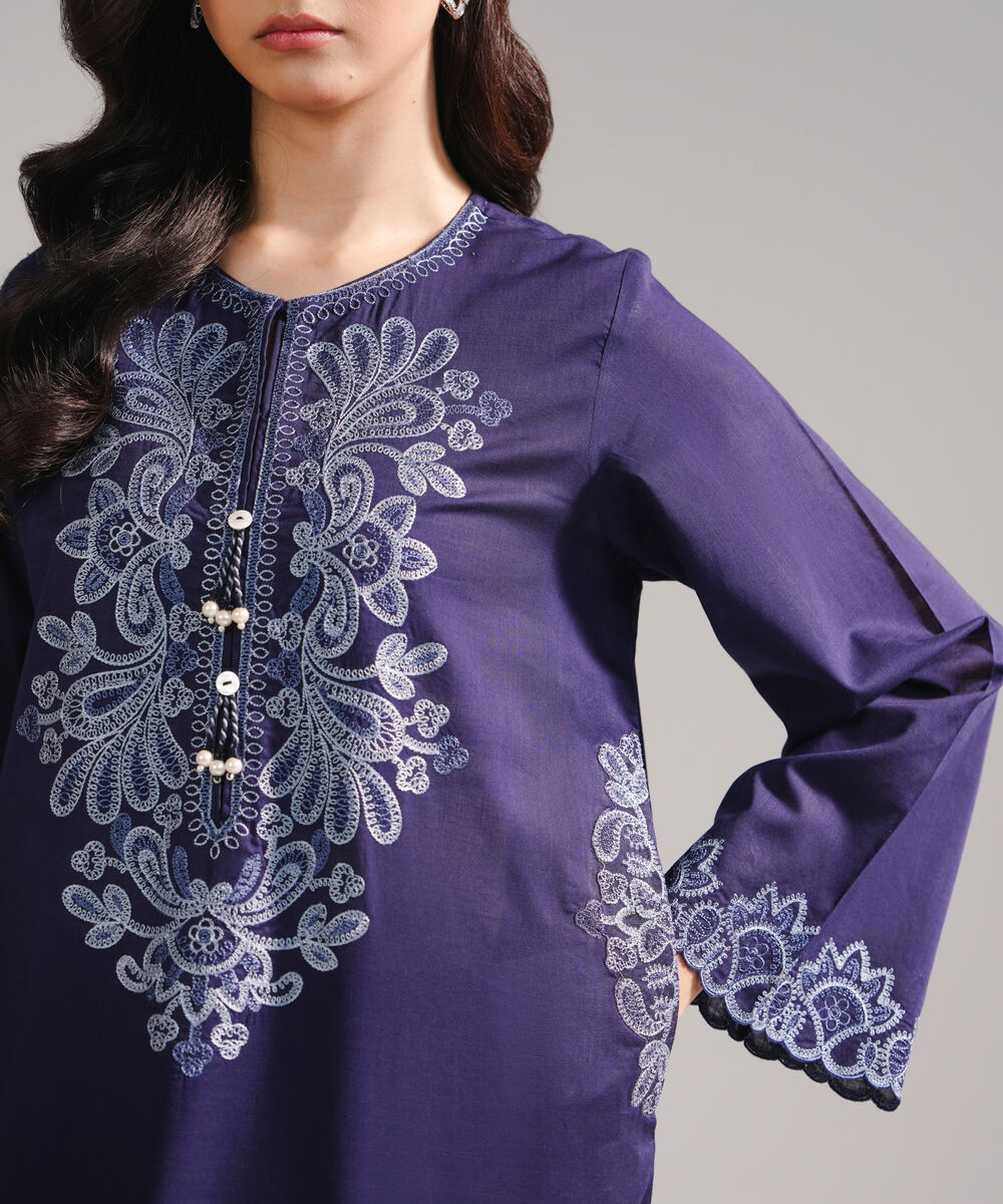 Women's RTW Cross Hatch Embroidered Dark Blue Straight Shirt