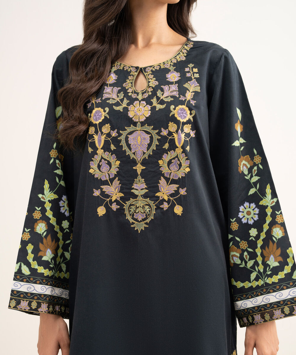 Women's RTW Cotton Satin Embroidered Black A-Line Shirt