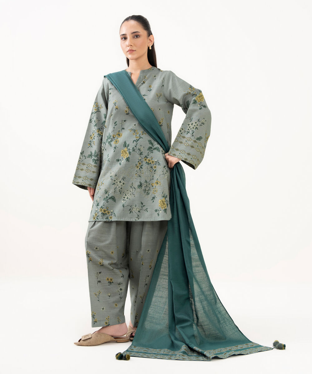 Women's Unstitched Khaddar Printed Grey 3 Piece Suit