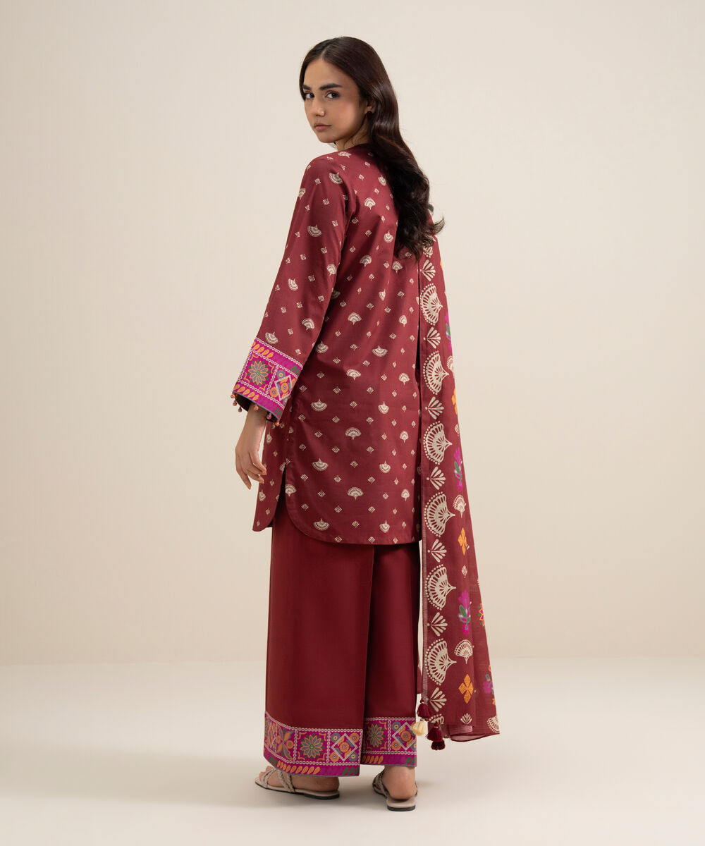 Women's Unstitched Lawn Printed Red 3 Piece Suit
