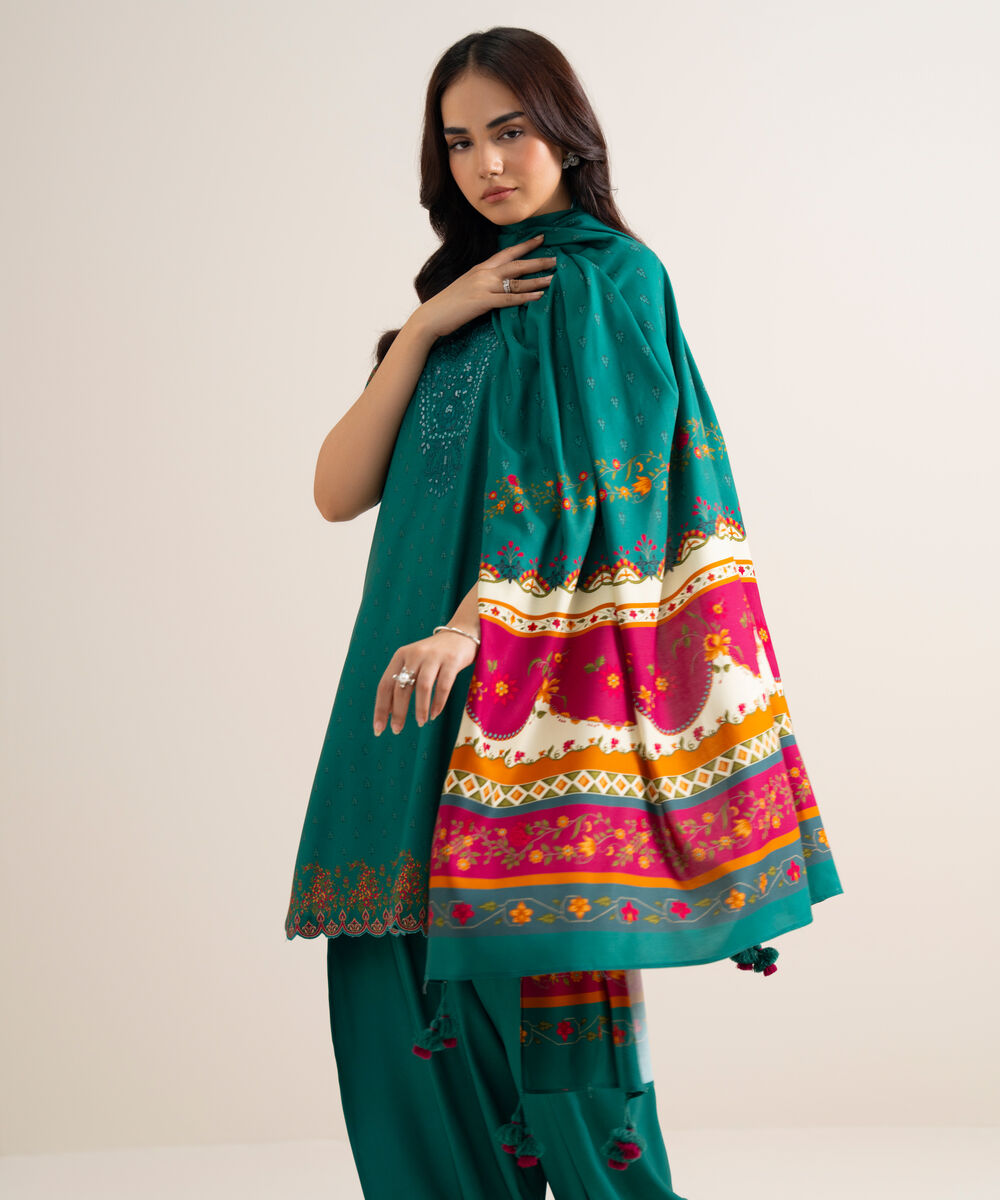 Women's Unstitched Embroidered Linen Teal Green 3 Piece Suit