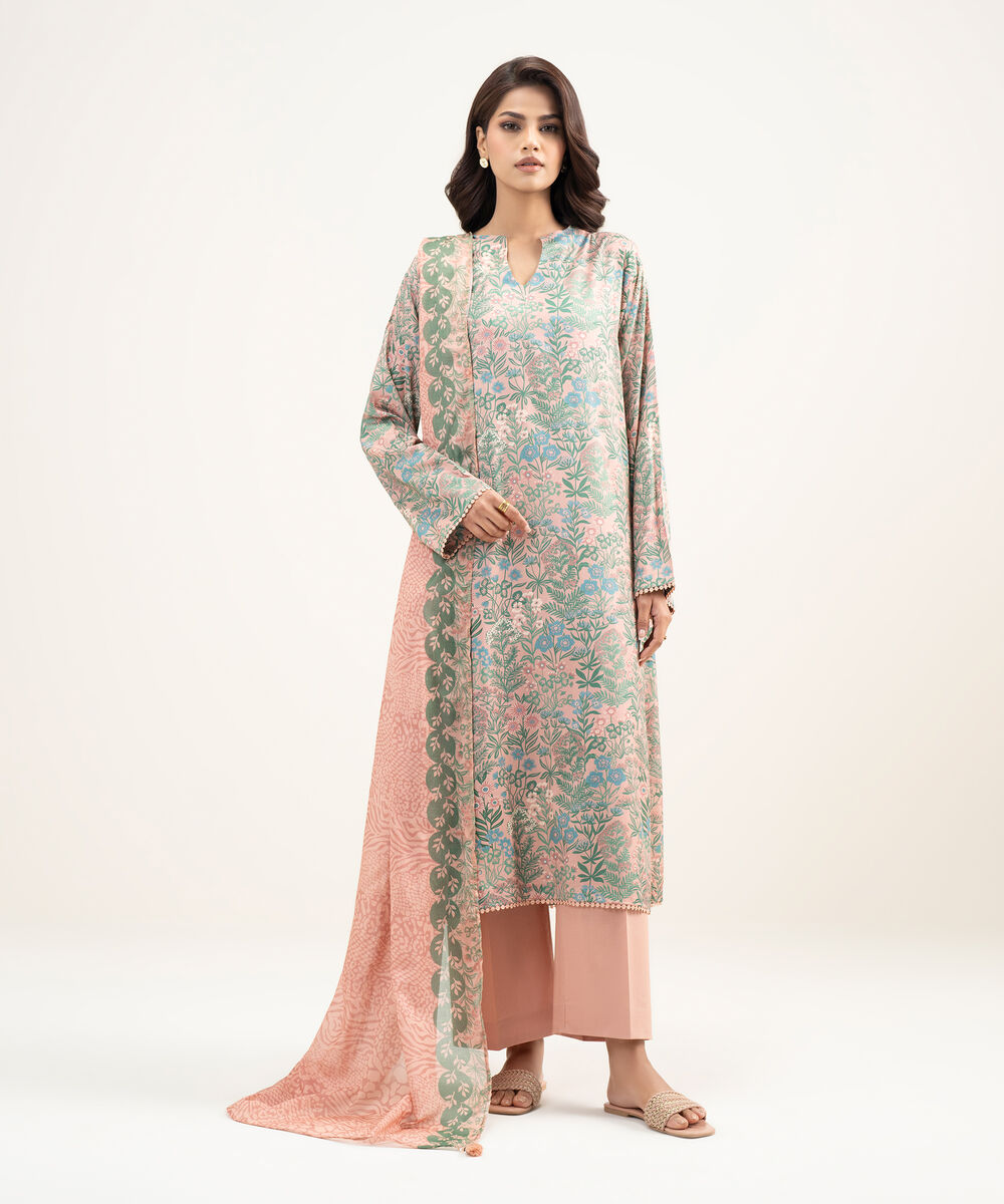 Women's RTW Arabic Lawn Printed Peach Drop Shoulder Shirt