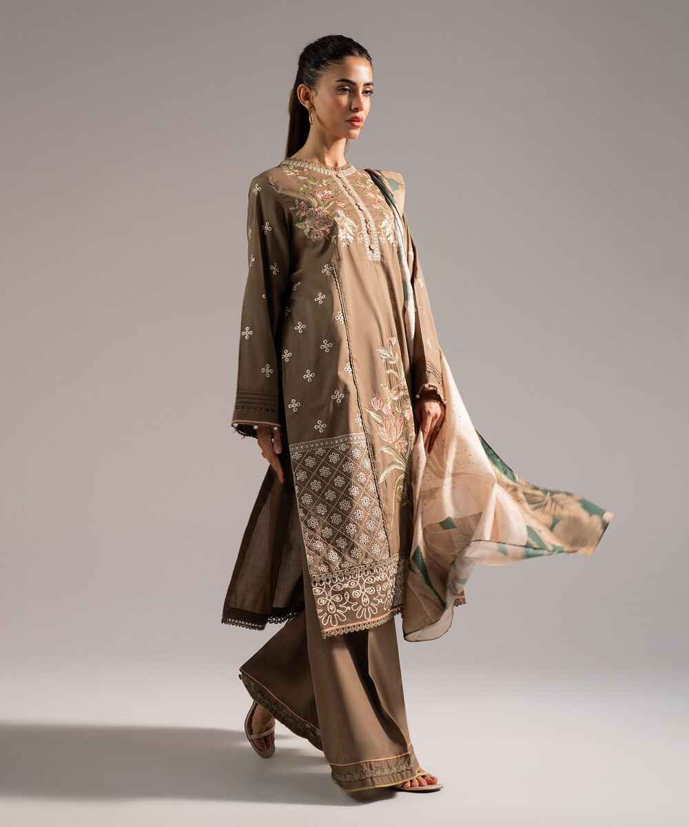Women's RTW Slub Lawn Embroidered Dark Olive 3 Piece Suit