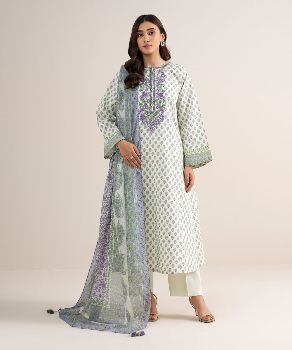 Women's Unstitched Lawn Embroidered Off White 3 Piece Suit