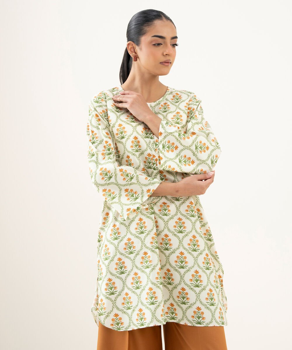 Women's RTW Cambric Printed Off White Straight Shirt