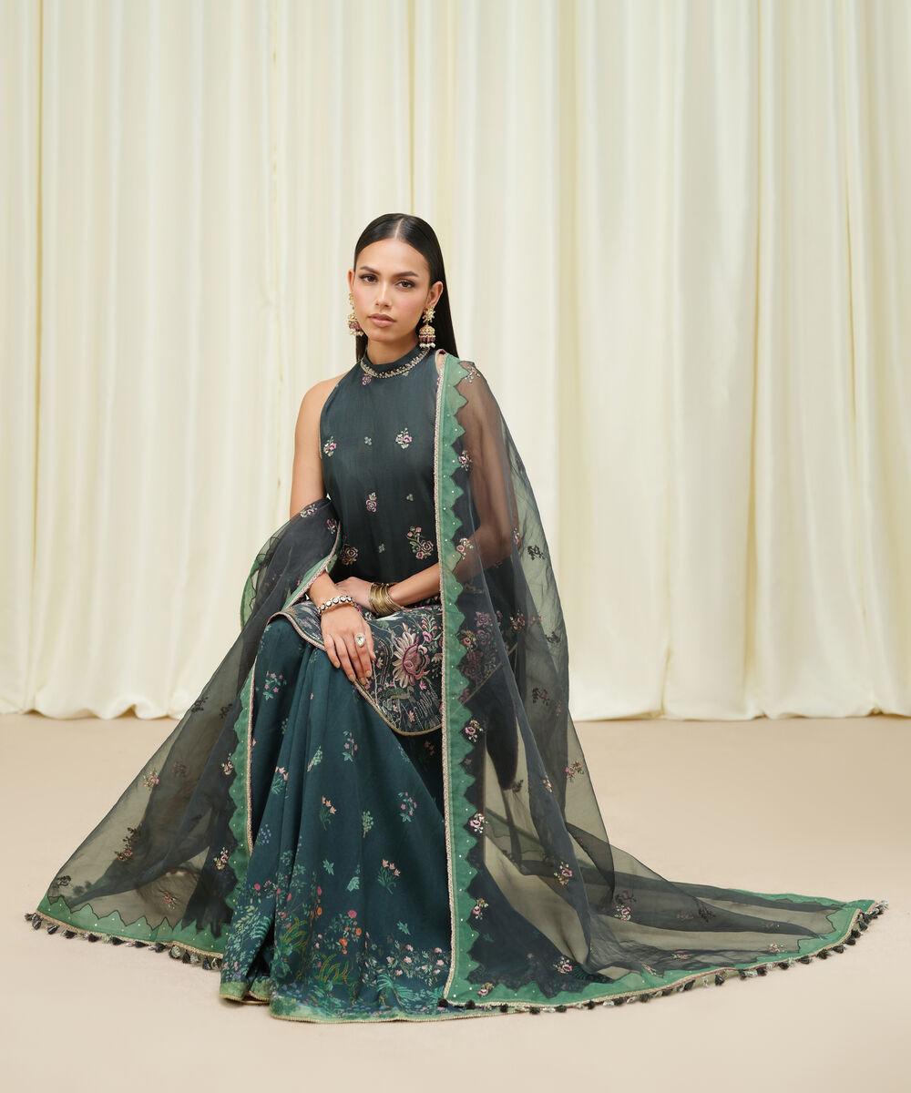 Women's Unstitched Raw Silk Embroidered Green 3 Piece Suit