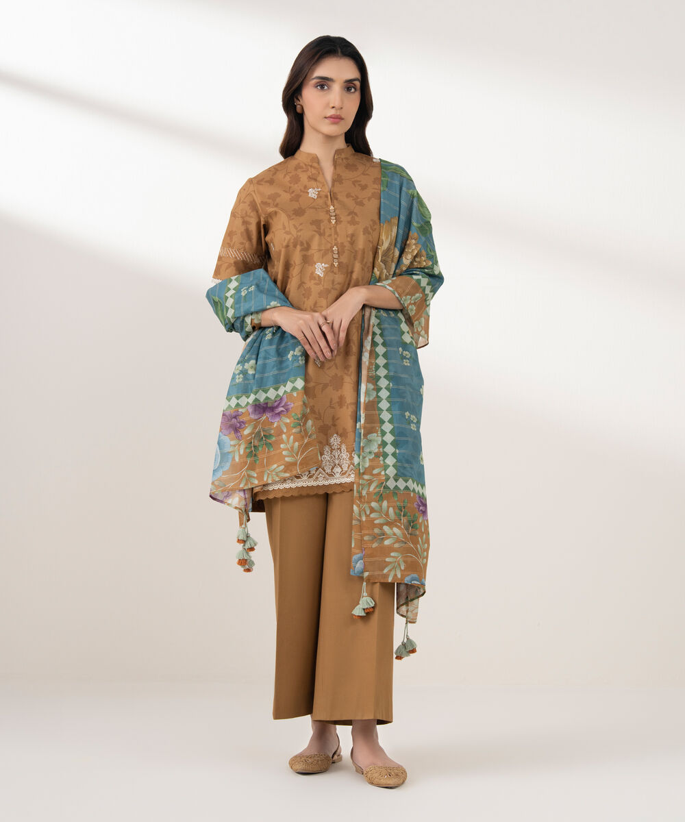Women's Unstitched Zari Lawn Embroidered Brown  3 Piece Suit