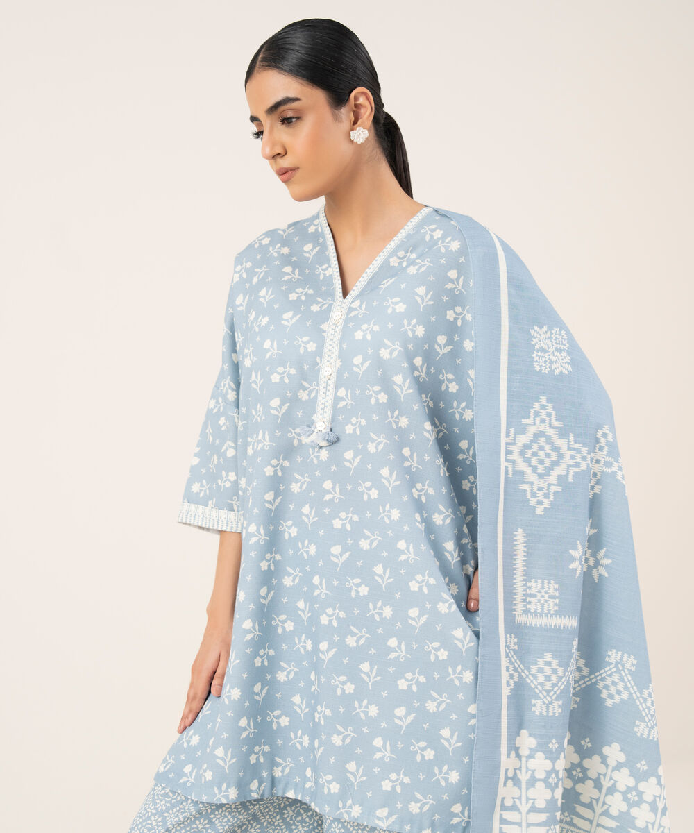 Women's Unstitched Lawn Printed Blue 3 Piece Suit