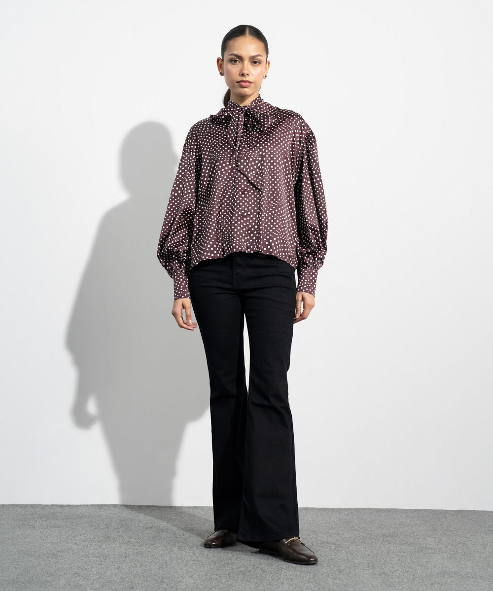 Women's Western Maroon Polka Dot Satin Blouse