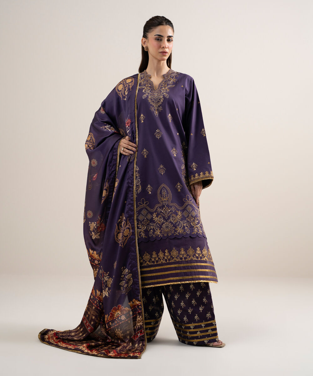 Women's Unstitched Dobby Embroidered Purple 3 Piece Suit