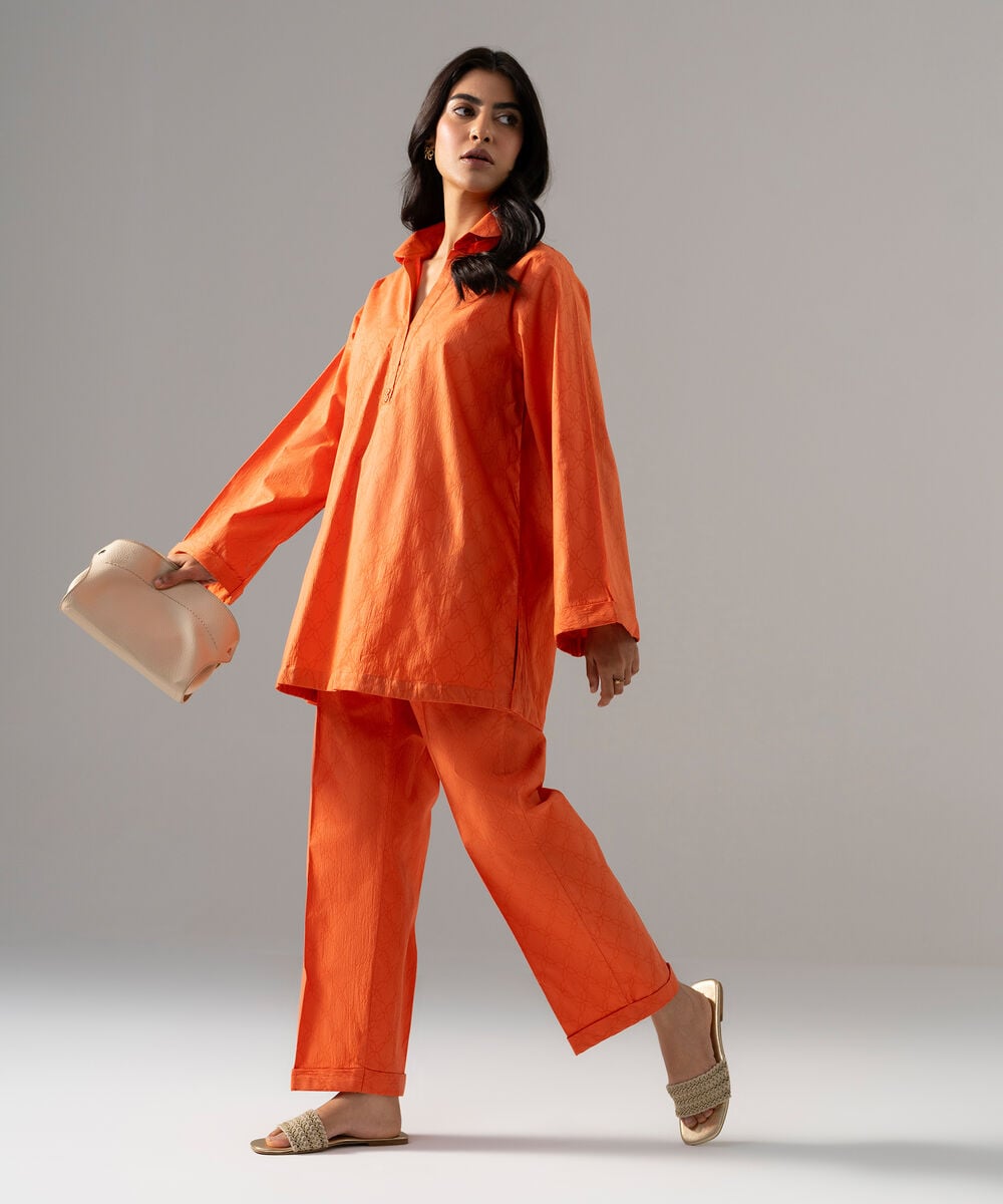 Women's RTW Textured Cotton Solid Orange 2 Piece Suit