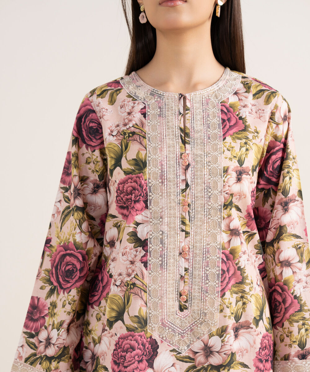 Women's RTW Textured Lawn Pink Embroidered Straight Shirt