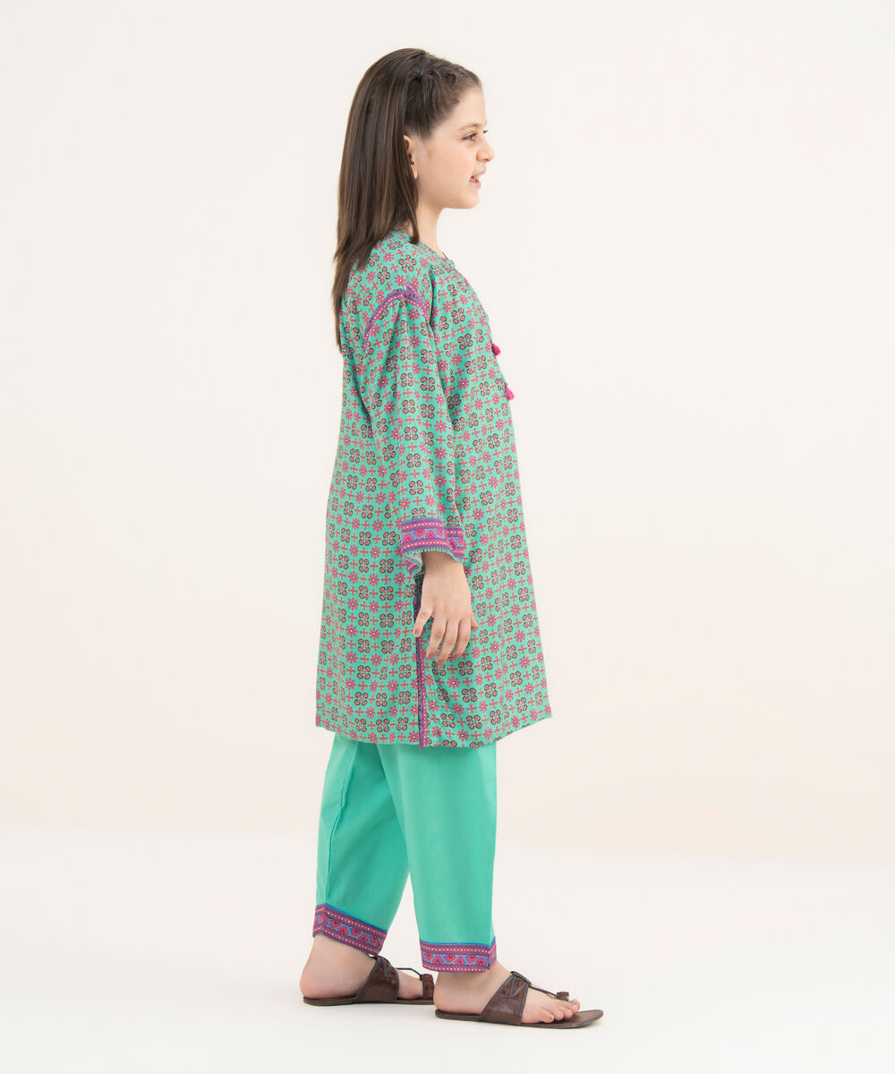 Girl's RTW Arabic Lawn Teal Printed 2 Piece Suit