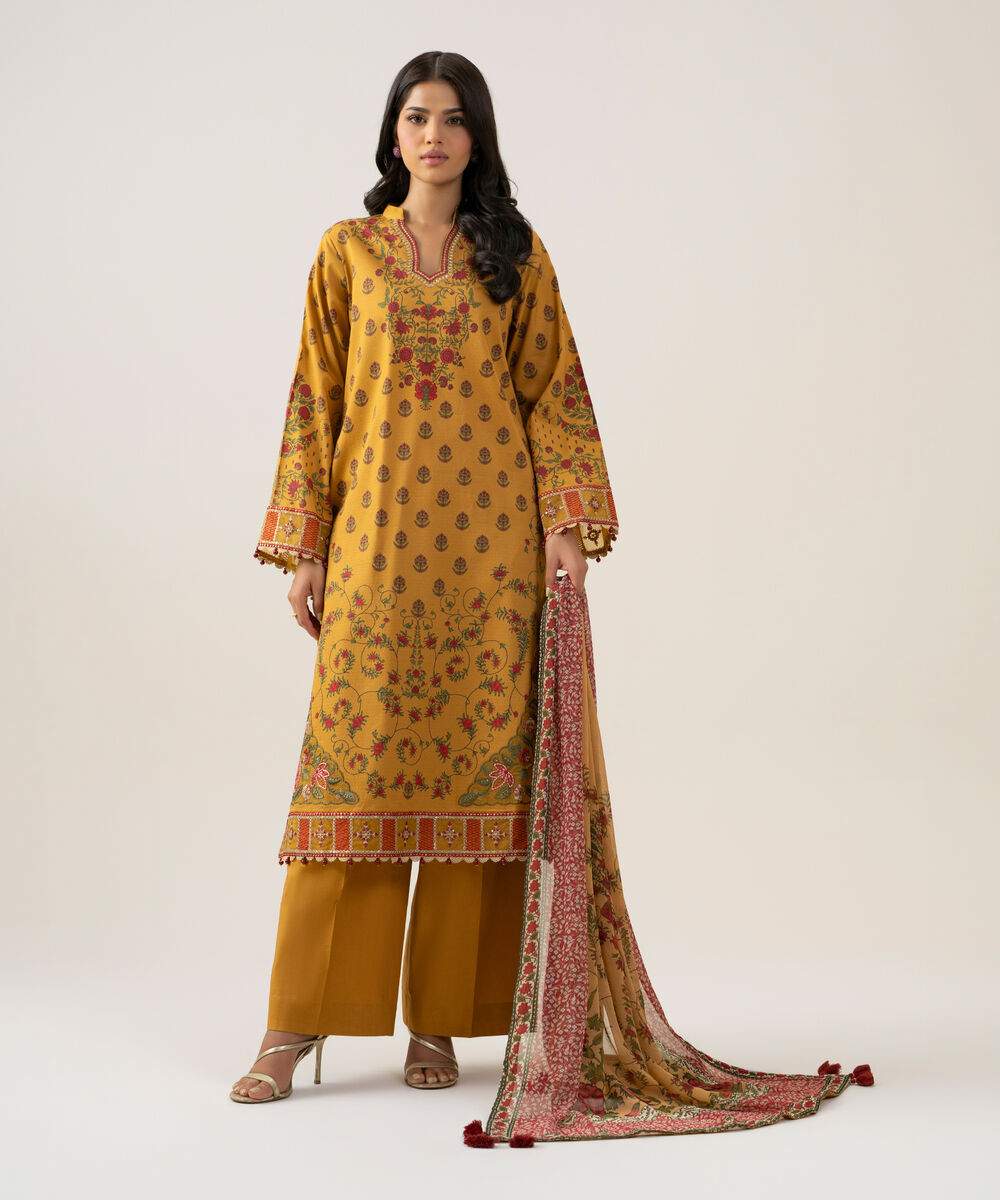 Women's Unstitched Bemberg Tissue Printed Mustard 3 Piece Suit