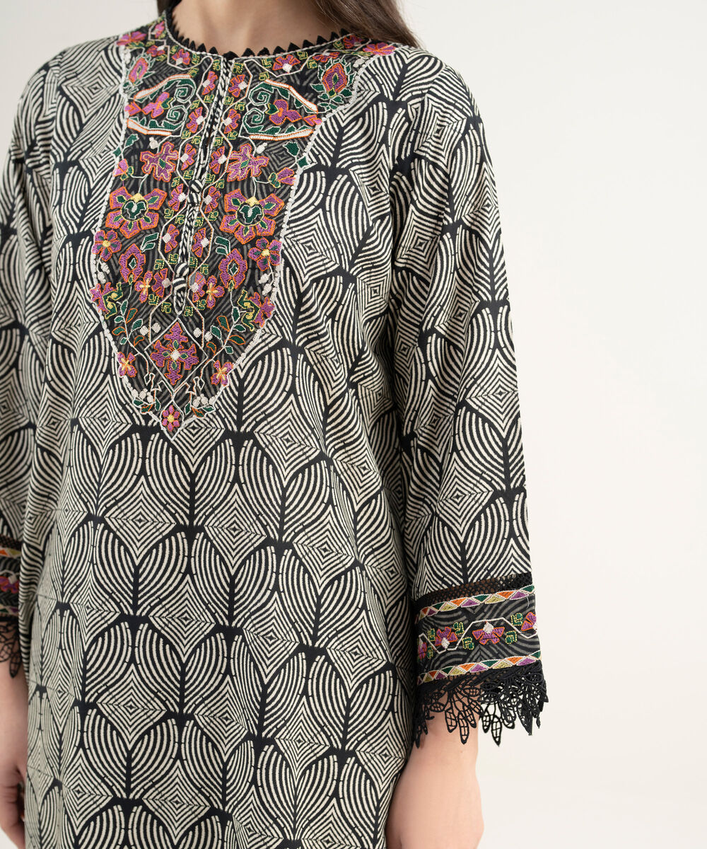 Women's RTW Arabic Cambric Embroidered Black Straight Shirt