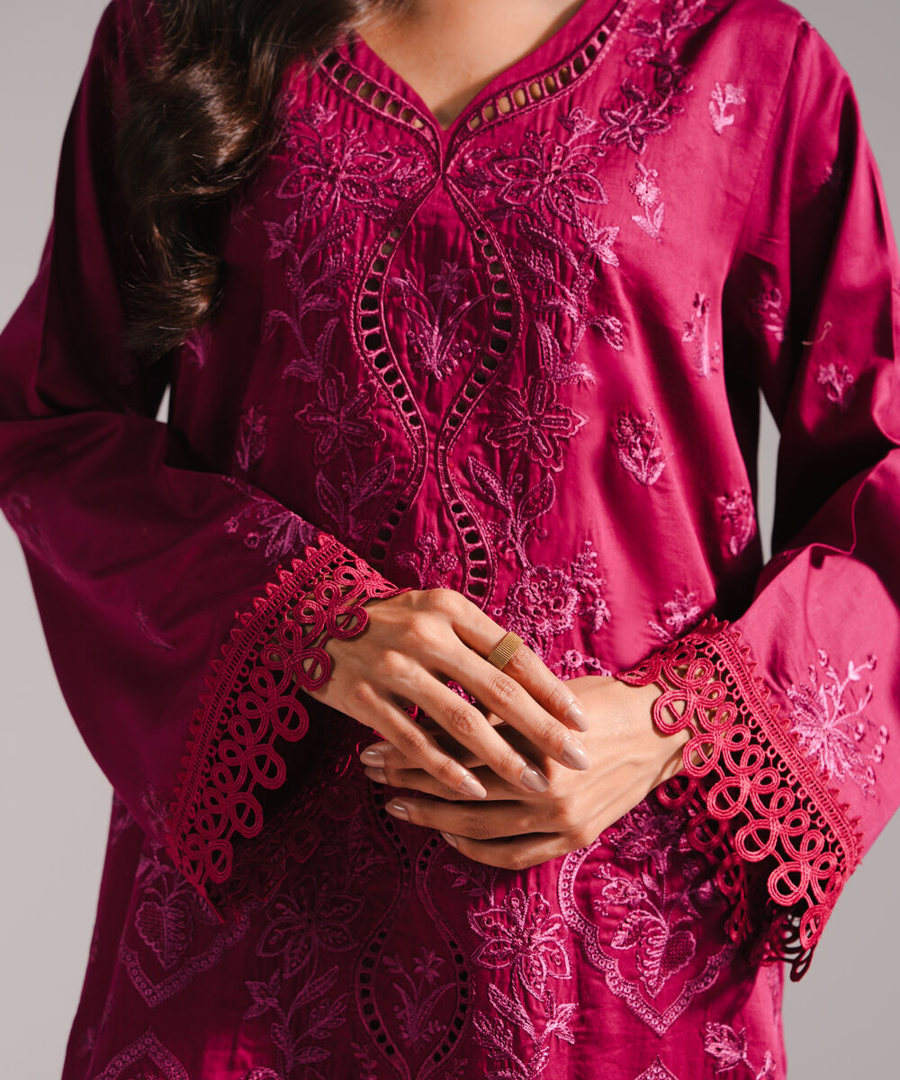 Women's RTW Cotton Satin Embroidered Plum 3 Piece Suit