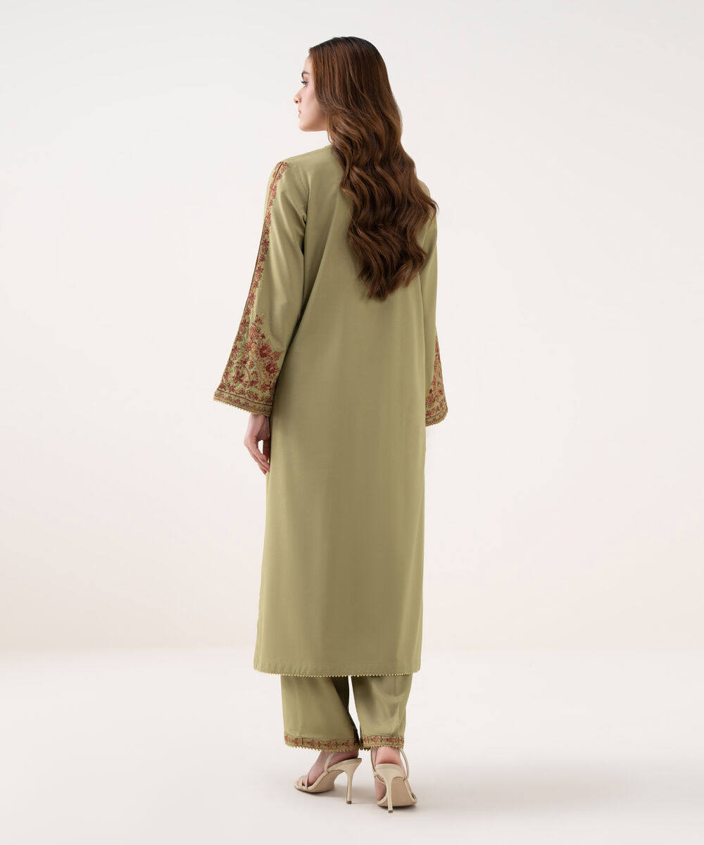 Women's RTW Cotton Viscose Embroidered Green A-Line Shirt