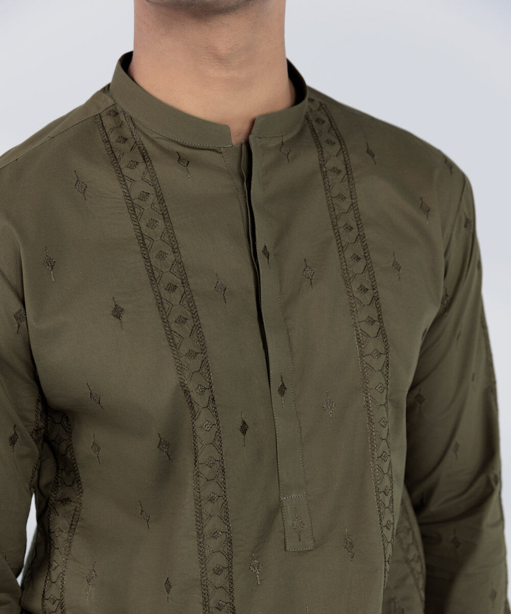 Men's Stitched Embroidered Green 2 PC Suit