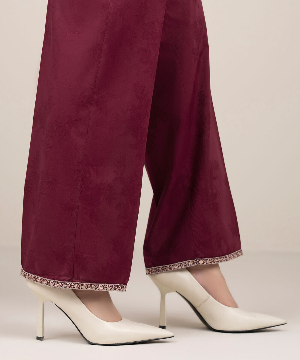Women's RTW Self Jacquard Leno Embroidered Maroon Straight Pants