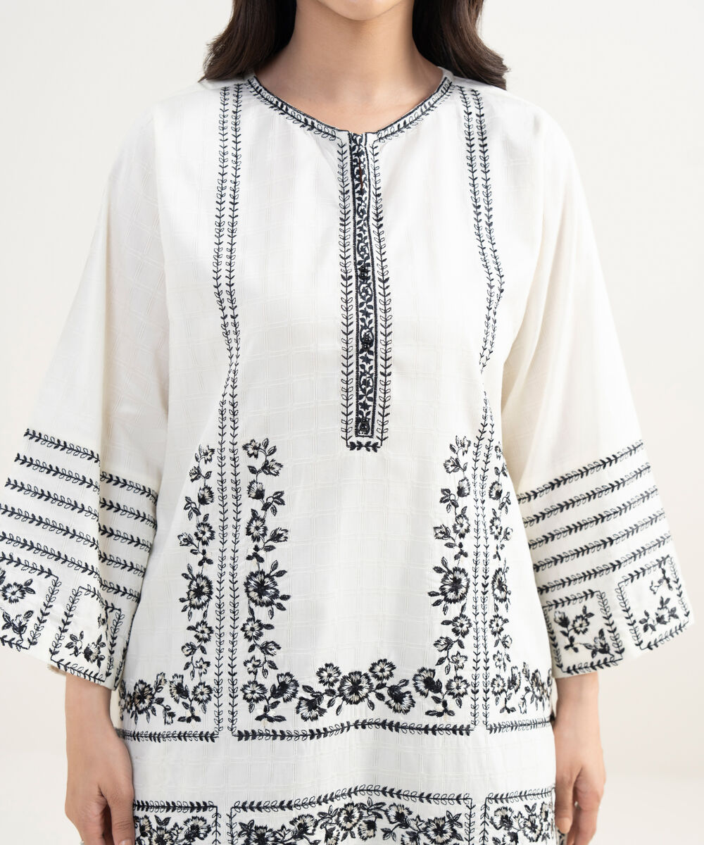 Women's RTW Dobby Embroidered White Boxy Shirt