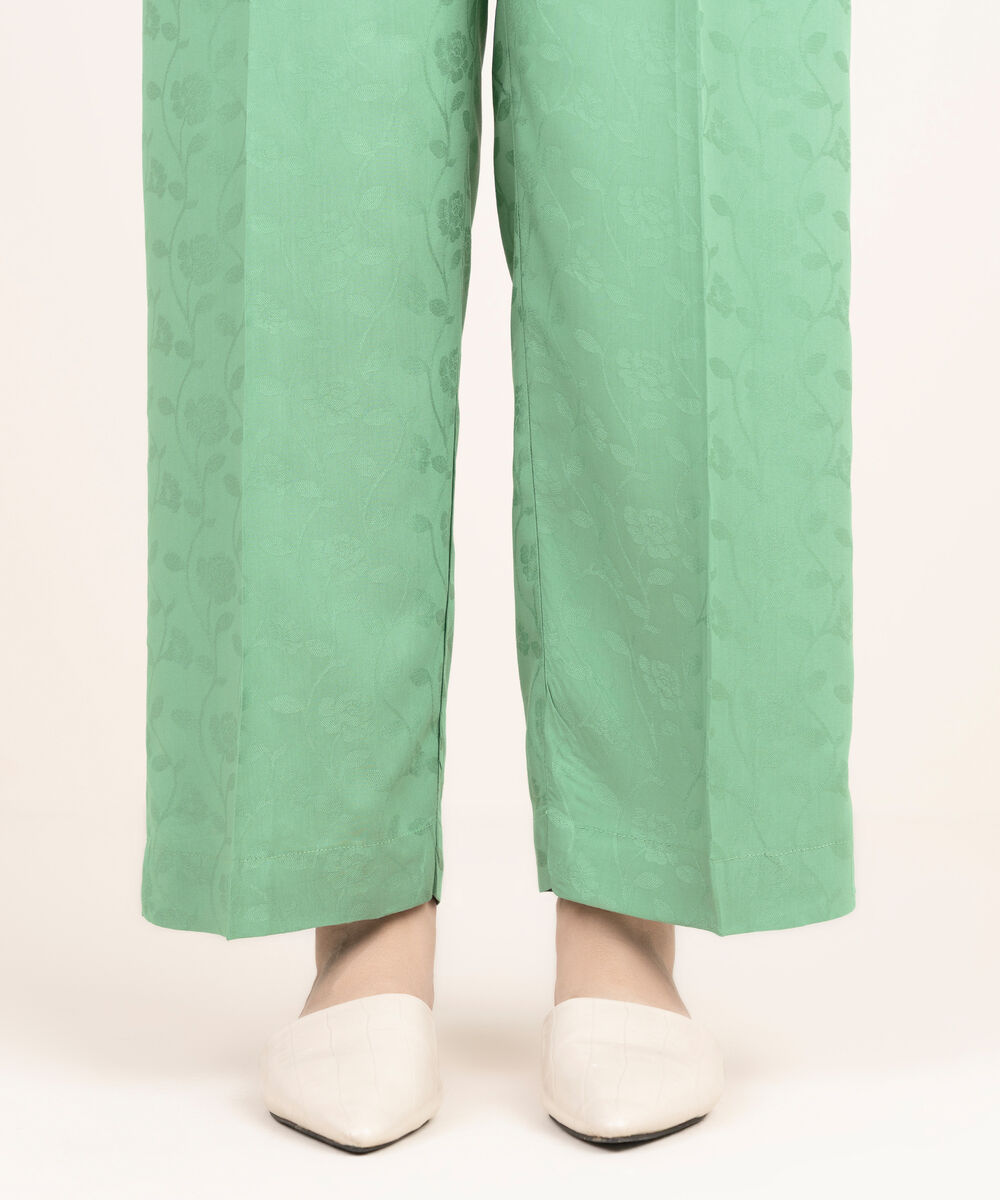 Women's RTW Arabic Self Jacquard Solid Green Straight Pants