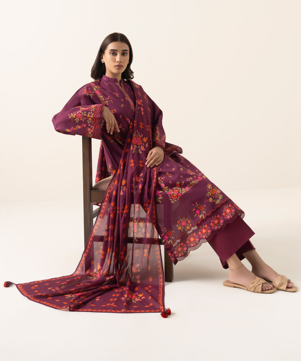 Women's Unstitched Lawn Printed Purple 3 Piece Suit