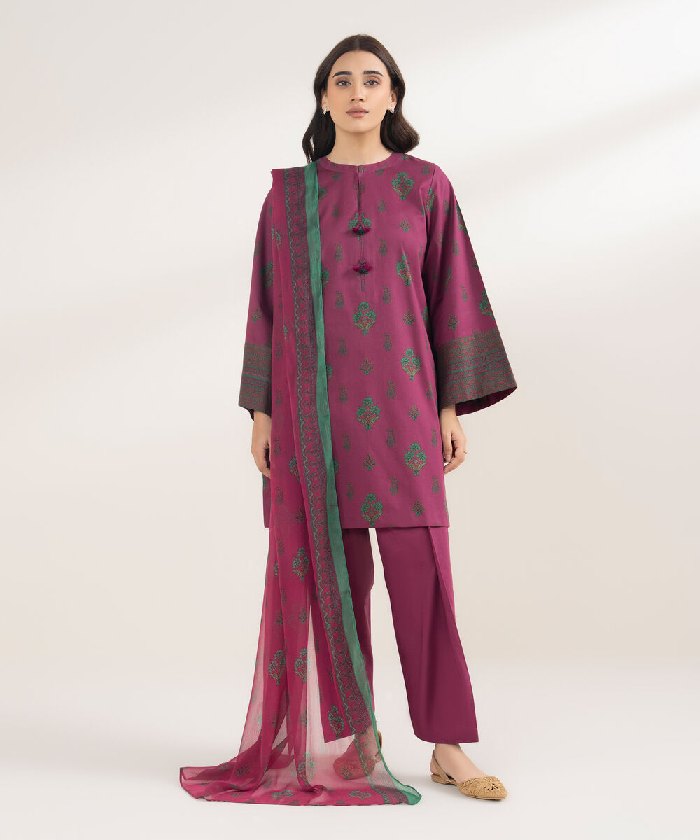 Women's Unstitched Lawn Printed Pink 3 Piece Suit