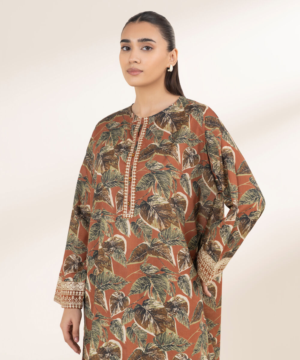 Women's RTW Lawn Brown Embroidered Boxy Shirt