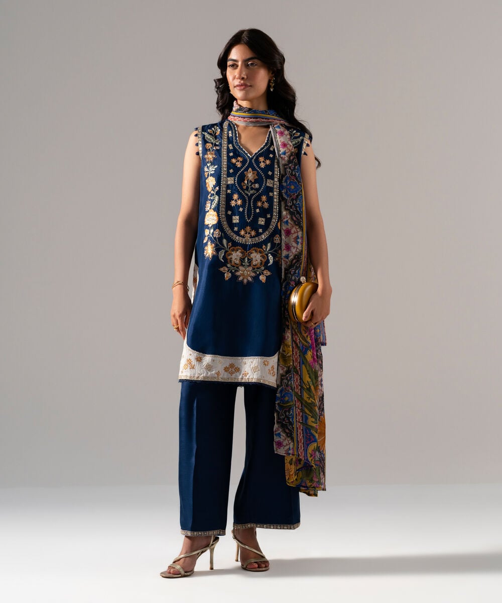Women's RTW Solid Embroidered Blue Bright Raw Silk 3 Piece Suit