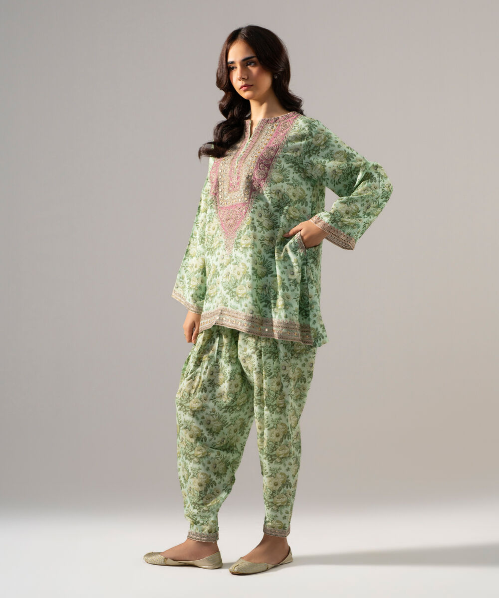 Women's RTW PK Raw Silk Printed Embroidered Green 2 Piece Suit